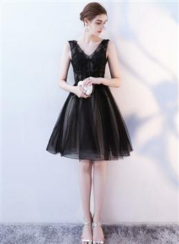 Picture of Black Color V-neckline Knee Length Lace Applique Lace Party Dresses, Black Color Homecoming Dress